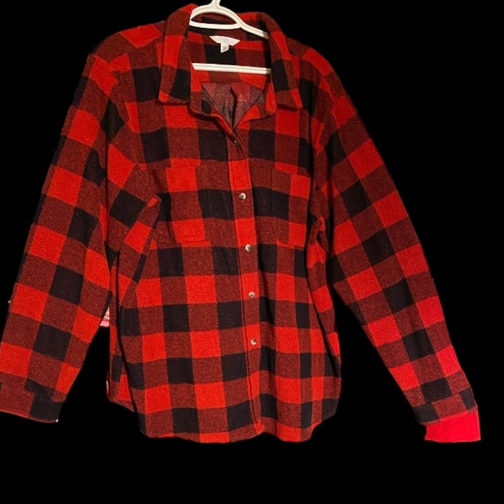 Womens TIME AND TRU Red Black Flannel Long Sleeve Button Up Plaid Shirt XXXL 22